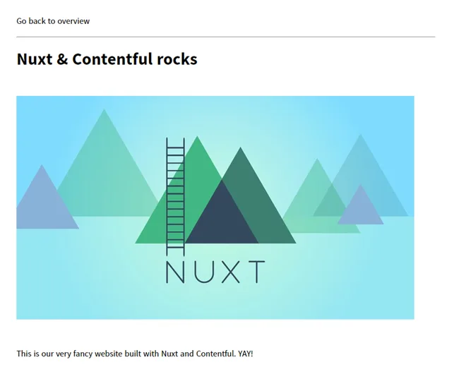 Færdig side med overskriften Nuxt & Contentful rocks, Nuxt-billede og brødtekst hentet fra Contentful