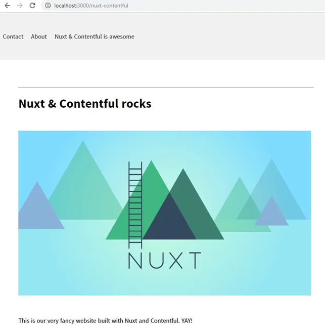 Det færdige demowebsite i browseren med navigation, overskrift, Nuxt-billede og tekst fra Contentful