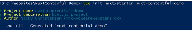 Terminal med vue init nuxt/starter, hvor projektnavn, beskrivelse og forfatter udfyldes