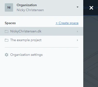 Contentful-menuen med organisationens spaces og knappen Create space
