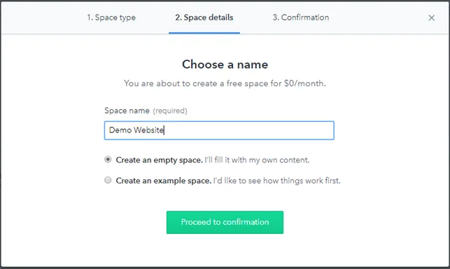 Contentful-dialogen Choose a name, hvor der oprettes et gratis, tomt space