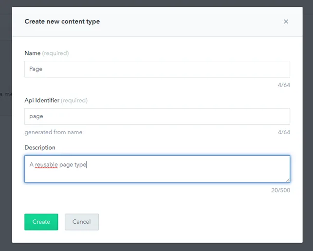 Contentful-dialogen Create new content type med navnet Page og API-identifier page
