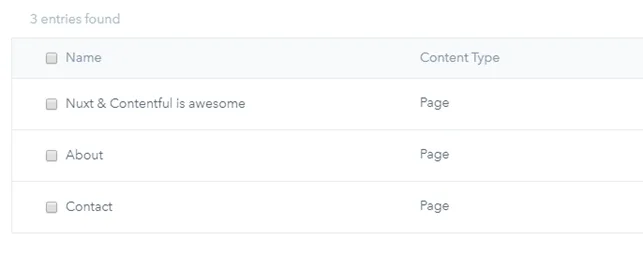 Contentfuls indholdsoversigt med tre Page-entries: forside, About og Contact