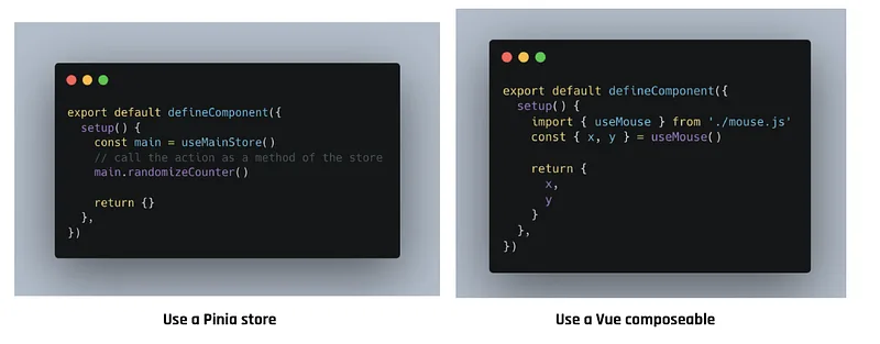 Kodeeksempler side om side der sammenligner brug af en Pinia-store med en Vue composable