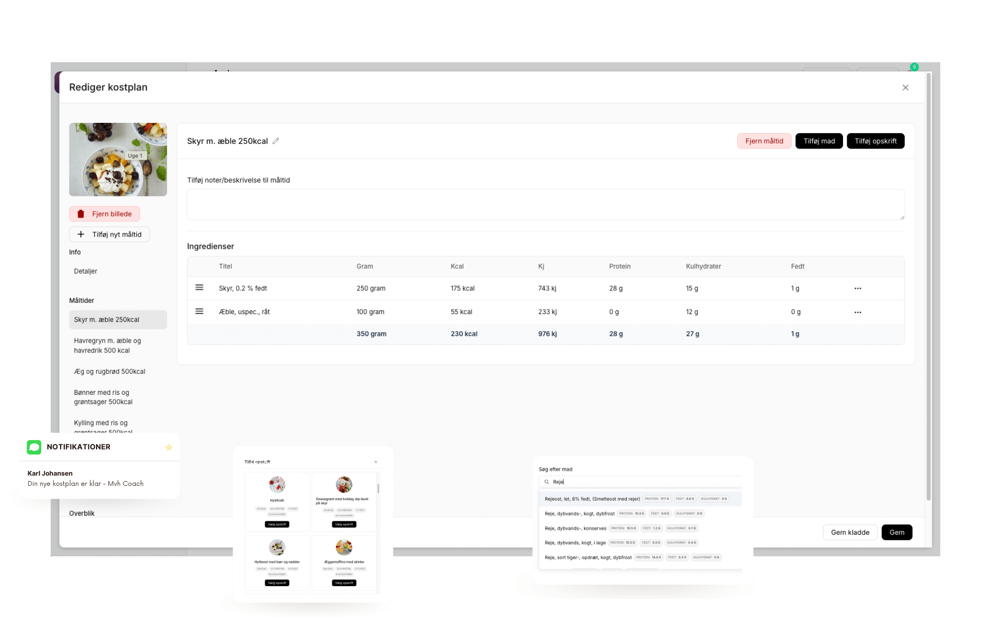 Coachplan kostplan editor med makroberegning